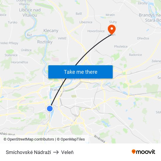 Smíchovské Nádraží to Veleň map