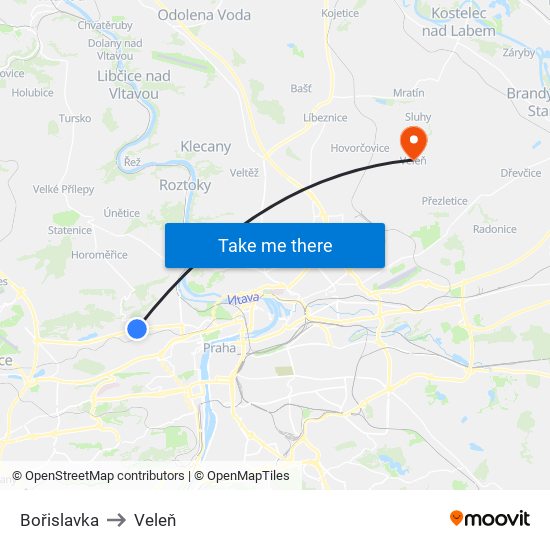 Bořislavka to Veleň map