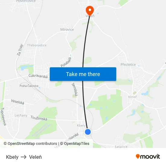 Kbely to Veleň map