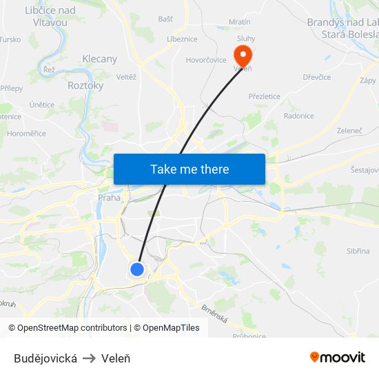 Budějovická to Veleň map