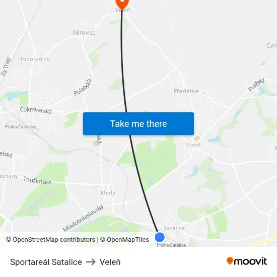 Sportareál Satalice to Veleň map