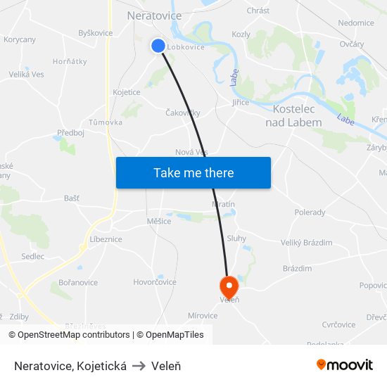 Neratovice, Kojetická to Veleň map