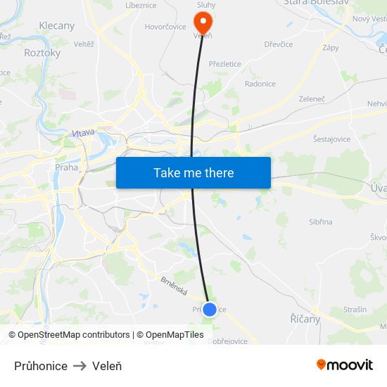 Průhonice to Veleň map