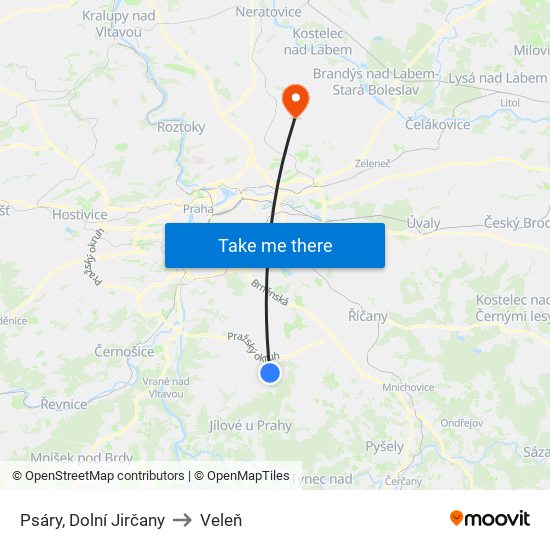 Psáry, Dolní Jirčany (A) to Veleň map