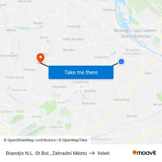 Brandýs N.L.-St.Bol., Zahradní Město to Veleň map