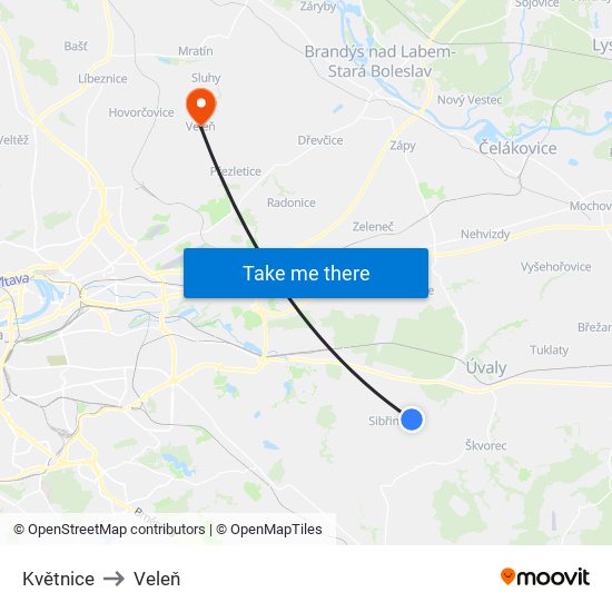 Květnice to Veleň map