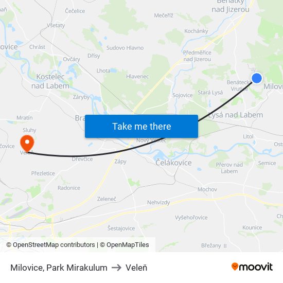 Milovice, Park Mirakulum to Veleň map