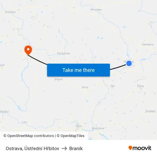 Ostrava, Ústřední Hřbitov to Braník map