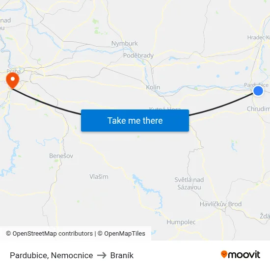 Pardubice, Nemocnice to Braník map