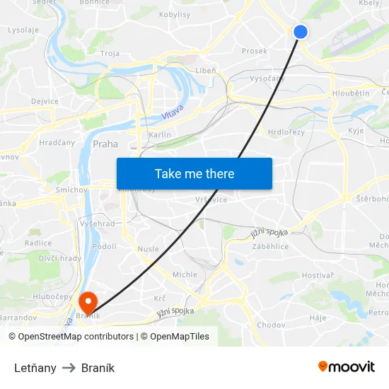 Letňany to Braník map