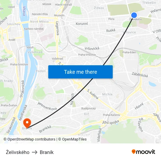 Želivského to Braník map