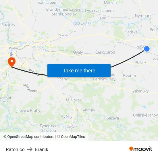 Ratenice to Braník map