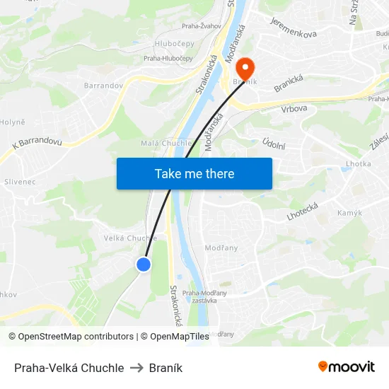 Praha-Velká Chuchle to Braník map