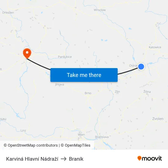 Karviná Hlavní Nádraží to Braník map