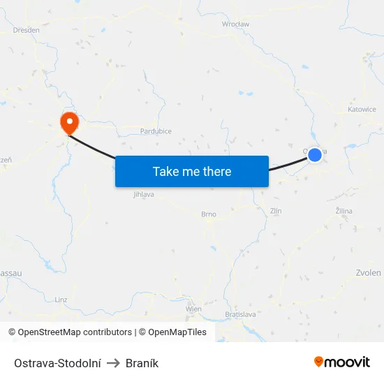 Ostrava-Stodolní to Braník map