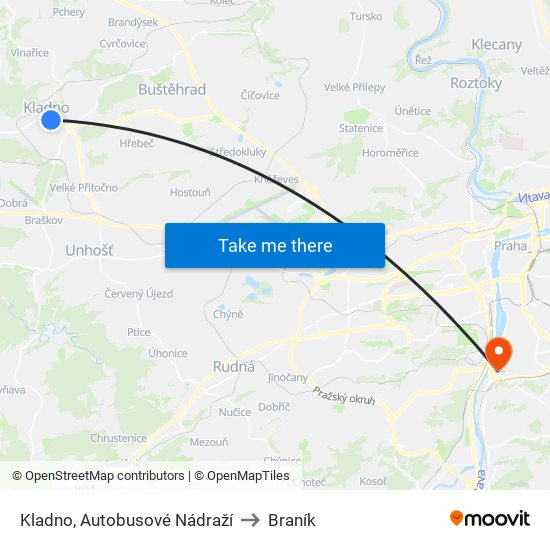 Kladno, Autobusové Nádraží to Braník map