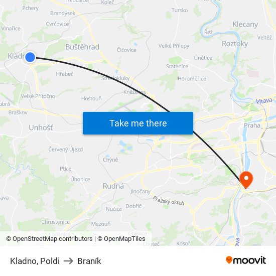 Kladno, Poldi to Braník map