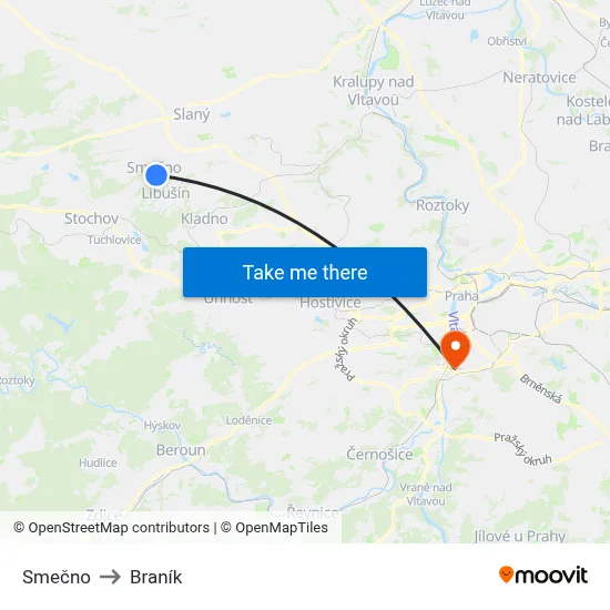 Smečno to Braník map