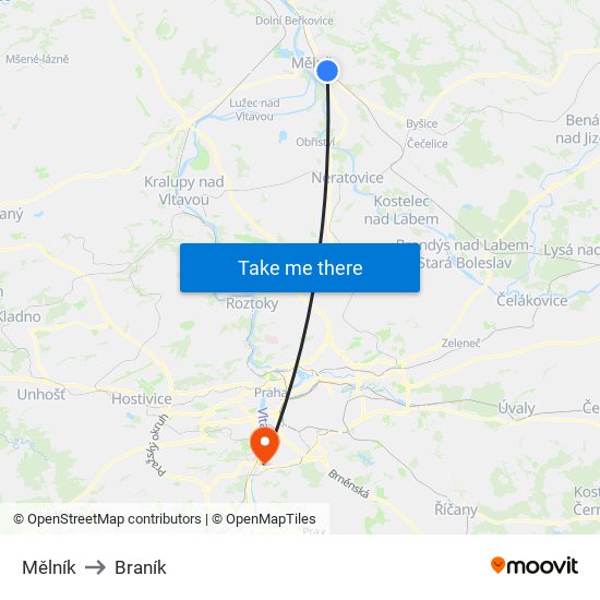 Mělník to Braník map