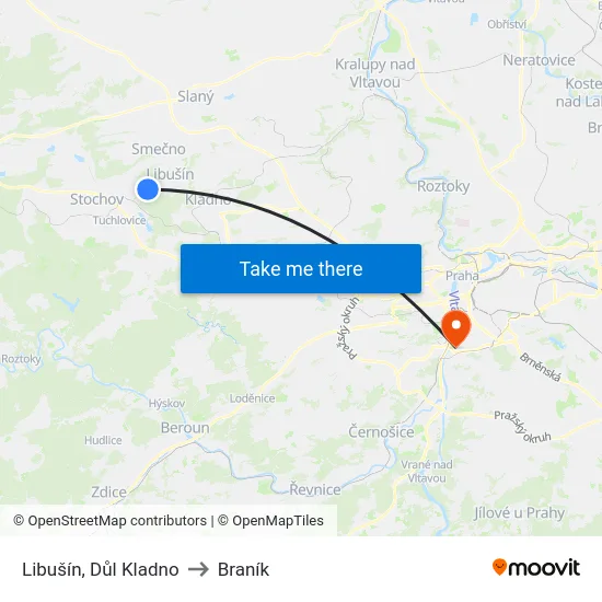 Libušín, Důl Kladno to Braník map