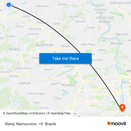 Slaný, Nemocnice to Braník map