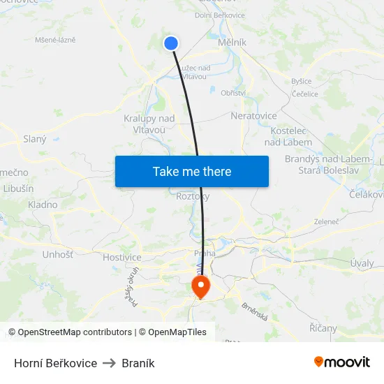 Horní Beřkovice to Braník map
