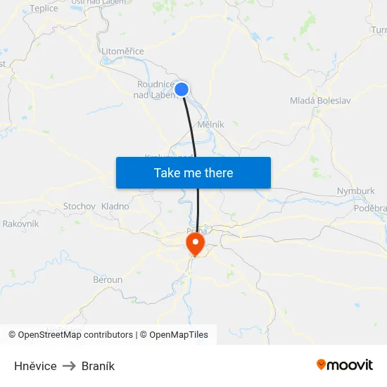 Hněvice to Braník map