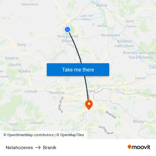 Nelahozeves to Braník map