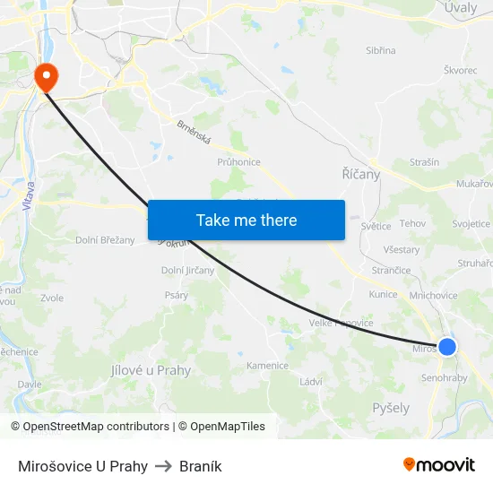 Mirošovice U Prahy to Braník map