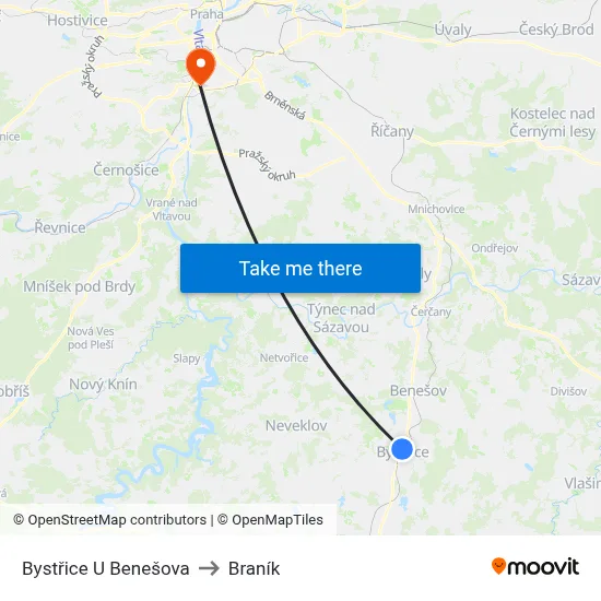 Bystřice U Benešova to Braník map
