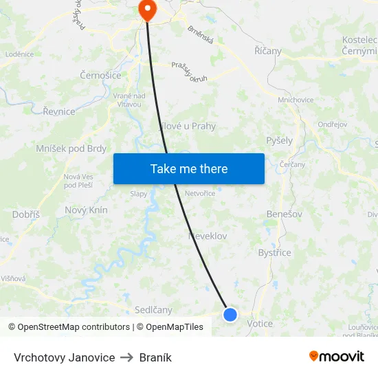 Vrchotovy Janovice to Braník map