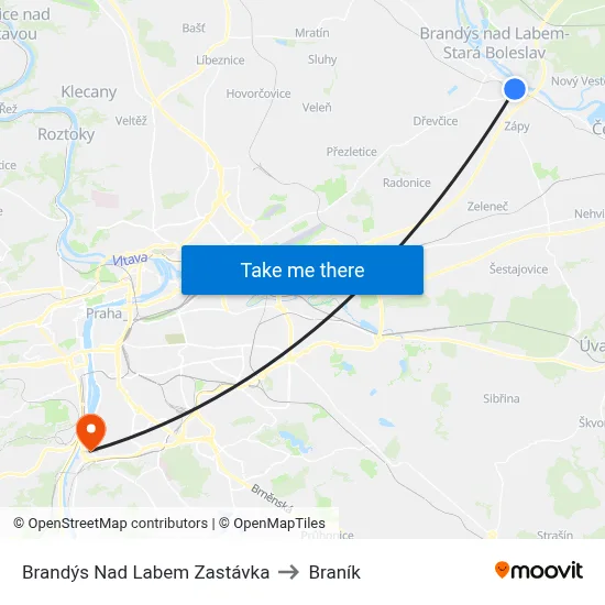 Brandýs Nad Labem Zastávka to Braník map