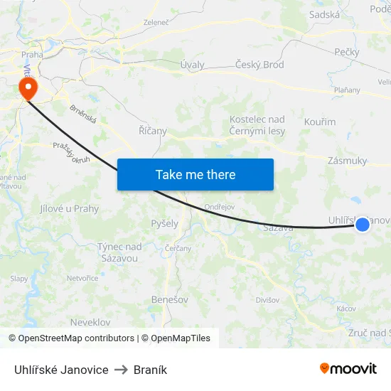 Uhlířské Janovice to Braník map