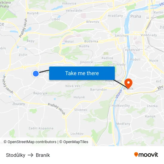 Stodůlky to Braník map