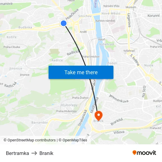 Bertramka to Braník map