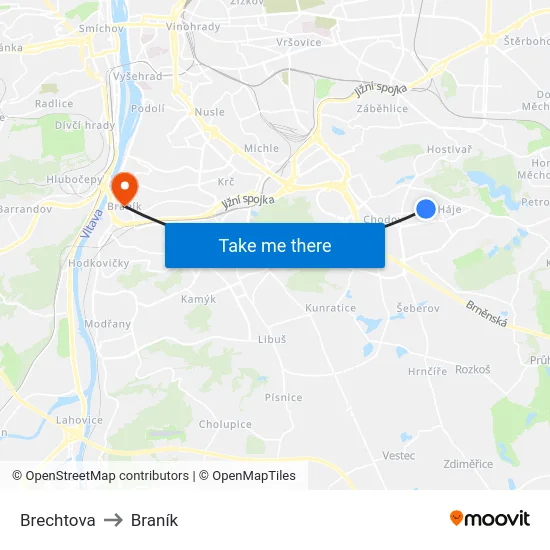 Brechtova to Braník map