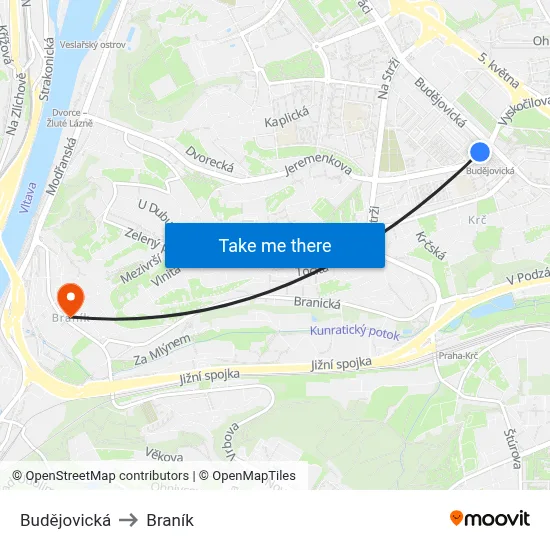 Budějovická to Braník map