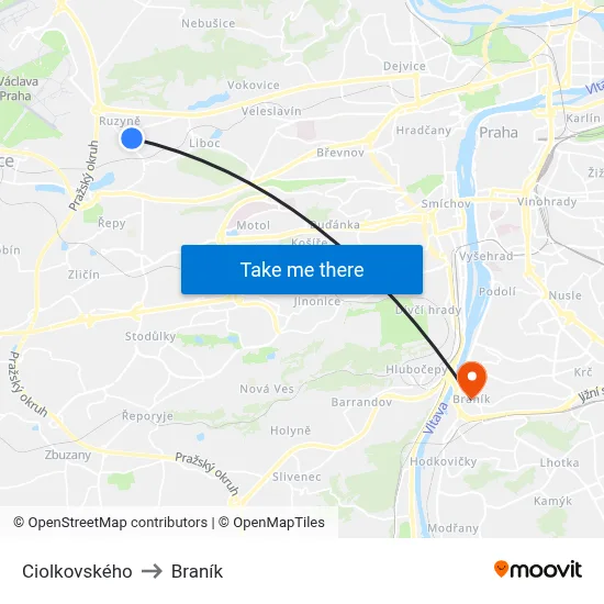 Ciolkovského to Braník map