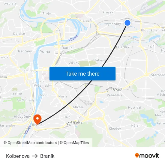 Kolbenova to Braník map