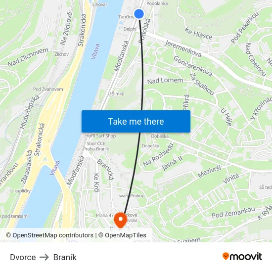 Dvorce to Braník map