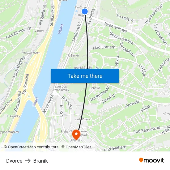 Dvorce to Braník map