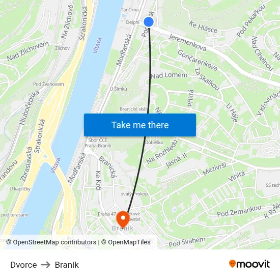 Dvorce to Braník map