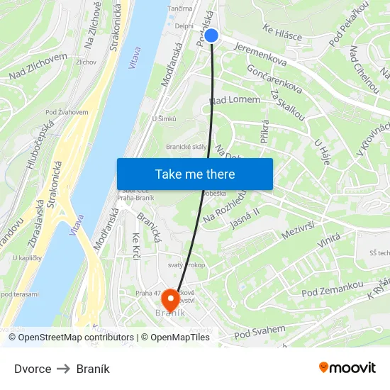 Dvorce to Braník map