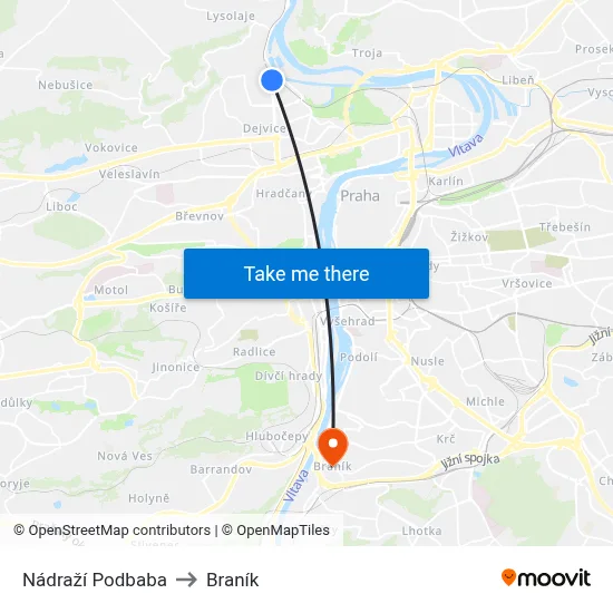 Nádraží Podbaba to Braník map
