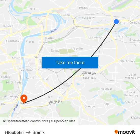 Hloubětín to Braník map