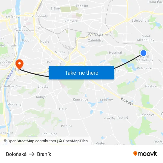 Boloňská to Braník map