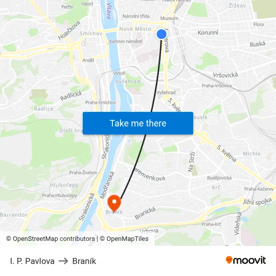 I. P. Pavlova to Braník map
