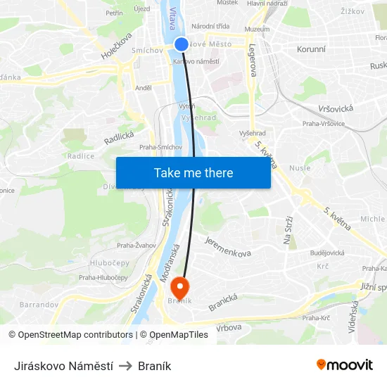 Jiráskovo Náměstí to Braník map