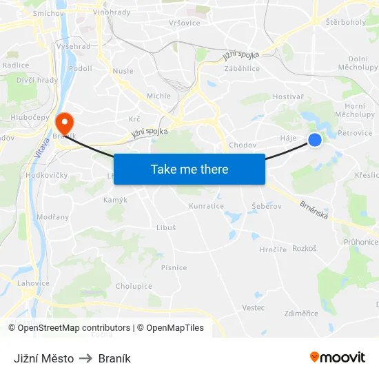Jižní Město to Braník map