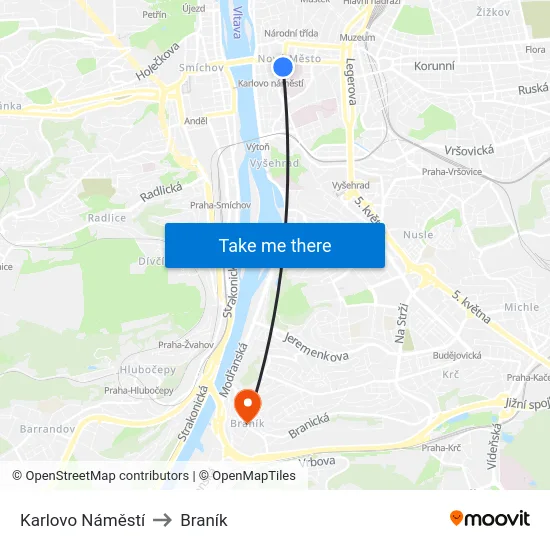 Karlovo Náměstí to Braník map